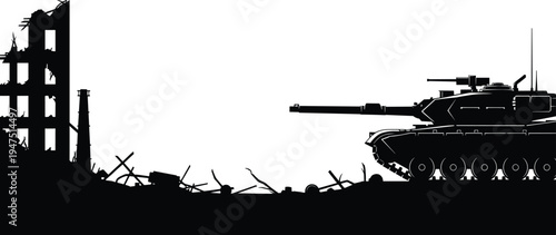 Military main battle tank silhouette in destroyed city ruins after war conflict, army armored vehicle on battlefield with rubble and broken building background flat vector illustration.