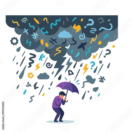 A person struggles under a stormy cloud filled with symbols and questions.