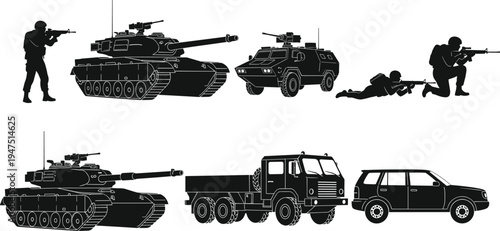 Military vehicles and soldiers silhouette set including battle tanks armored trucks patrol cars and infantry aiming rifles isolated black vector illustration for defense warfare concepts