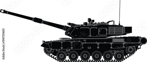 Modern battle tank silhouette side view with long cannon barrel and tracked armored chassis isolated black vector illustration for military defense warfare and combat technology concepts