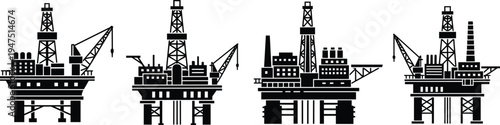 Offshore oil rig platform silhouette vector collection, industrial petroleum drilling derrick set, energy fuel production icons, ocean gas extraction machinery isolated on white