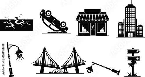Natural disaster damage silhouette vector collection, earthquake and urban destruction icons including broken bridge overturned car cracked ground and collapsed city buildings isolated illustration