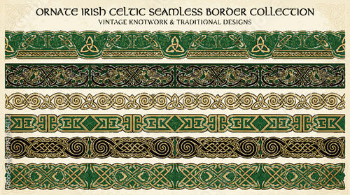 Ornate irish celtic seamless border collection with vintage knotwork and traditional designs