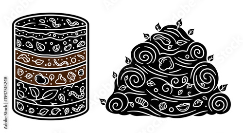 Ancient artistic designs featuring geometric patterns and swirling motifs on ceramic forms Vector, illustration