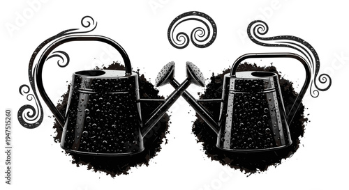 Elegant black and white teapots connected by a steam-filled handle Vector, illustration