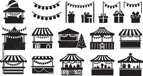 Black and white Christmas market icons and decorations set