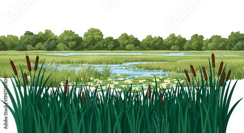 Illustration of a serene wetland ecosystem with cattails, lily pads, and a crane in the background, celebrating World Wetlands Day with a natural and peaceful design.