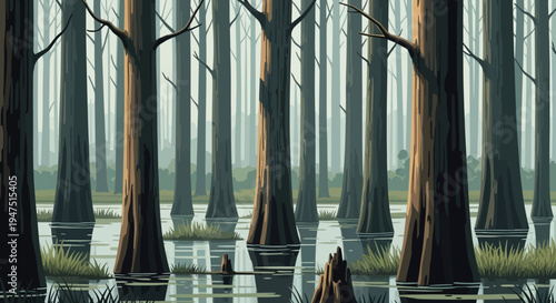Illustration of a serene wetland ecosystem with a crane bird standing amidst tall trees and water, celebrating World Wetlands Day with a natural, earthy background and design elements.
