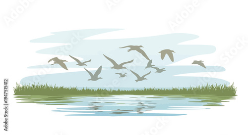 Vector illustration of a wetland ecosystem with a flock of cranes flying over a serene water body on World Wetlands Day, promoting wetland conservation.
