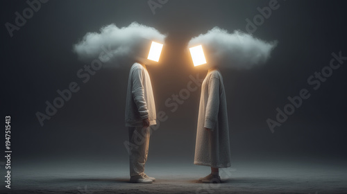 Abstract minimalist concept showing disconnected human and robot user with glowing screen head covered by cloud standing face to face