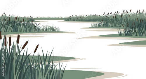 Illustration of a serene wetland ecosystem with winding waterways, cattails, and lush greenery, celebrating World Wetlands Day and conservation efforts in a natural, earthy background.