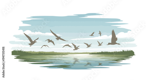 Illustration of a wetland ecosystem with cranes and birds flying over water on World Wetlands Day, promoting wetland conservation and awareness.