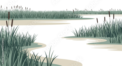 Illustration of a serene wetland ecosystem with lush greenery and water features, celebrating World Wetlands Day and conservation efforts in a natural setting.