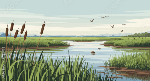 Illustration of a serene wetland ecosystem with cattails, birds, and a winding waterway on World Wetlands Day, promoting conservation and environmental awareness.