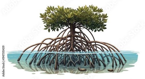Illustration of a mangrove tree with exposed roots in a wetland ecosystem on World Wetlands Day, symbolizing conservation and environmental protection against a clean white background.