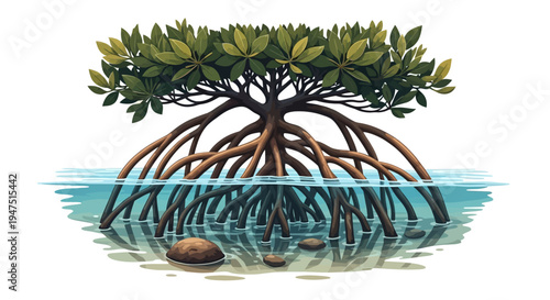 Illustration of a mangrove tree with exposed roots in shallow water, celebrating World Wetlands Day for wetland conservation and ecosystem preservation.