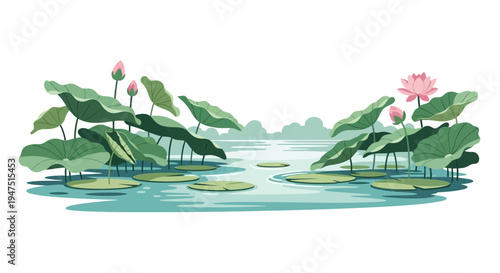 Vector illustration of a serene wetland ecosystem with lily pads, flowers, and a calm body of water, celebrating World Wetlands Day and conservation efforts in a natural, artistic