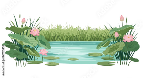 Illustration of a serene wetland ecosystem with pink flowers, lily pads, and lush greenery on a white background for World Wetlands Day conservation efforts.