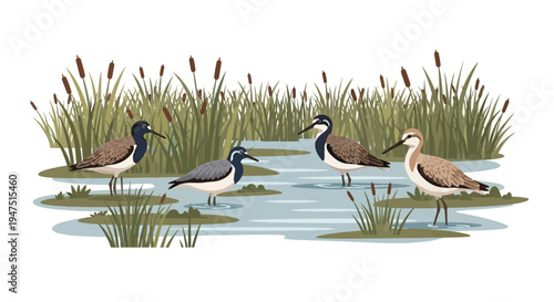 Illustration of birds including cranes and ducks in a wetland ecosystem with cattails on World Wetlands Day against a clean white background.