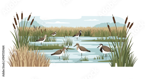 Illustration of Canada geese and other birds in a wetland ecosystem on World Wetlands Day, with cattails and water, in a natural, earthy design.