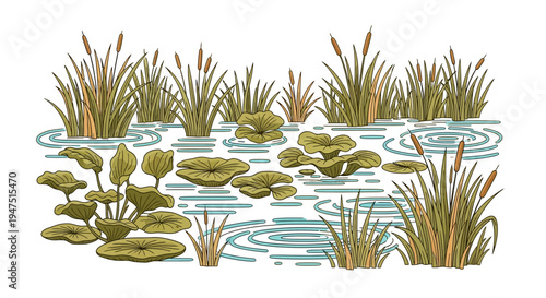 Illustration of a serene wetland ecosystem with lily pads, cattails, and rippling water on a clean white background for World Wetlands Day conservation efforts.
