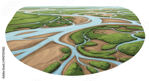 Aerial view of a vibrant wetland ecosystem with winding waterways and lush greenery on World Wetlands Day, showcasing conservation efforts in a natural environment.