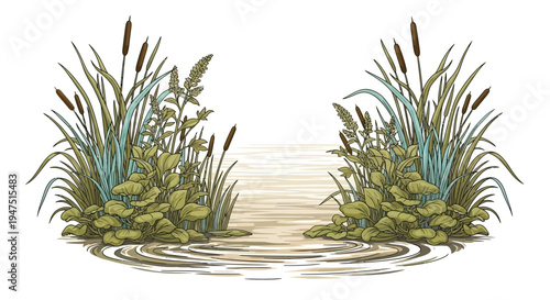 Illustration of a serene wetland ecosystem with cattails, lily pads, and rippling water on a clean white background, symbolizing wetland conservation on World Wetlands Day.