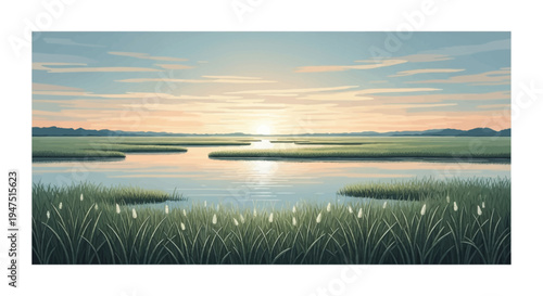 Vector illustration of a serene wetland ecosystem at sunset, celebrating World Wetlands Day with a tranquil landscape and wetland conservation theme.
