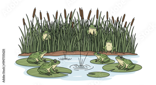 Illustration of frogs on lily pads in a serene wetland ecosystem with cattails and flowers, celebrating World Wetlands Day with a natural background.