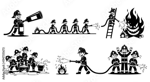 Firefighter vector set, group of little firemen fighting with fire monster, kids extinguishing fire, team of firefighters at work