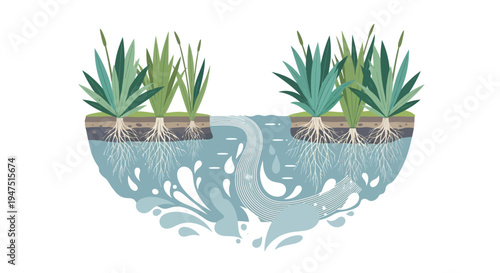 Vector illustration of a wetland ecosystem with plants and roots in water for World Wetlands Day, highlighting wetland conservation.