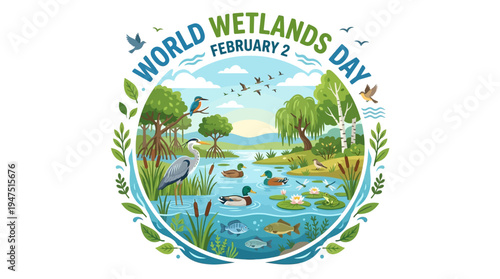 Illustration design for World Wetlands Day featuring a wetland ecosystem with a crane, fish, and lush vegetation on a clean background.