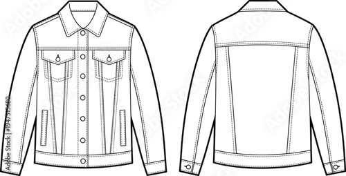 Men denim jacket front and back view technical fashion template with pockets, apparel CAD drawing flat vector illustration