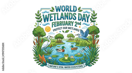 Illustration design for World Wetlands Day on February 2nd, featuring a wetland ecosystem with a crane, bird, and fish, promoting wetland conservation.