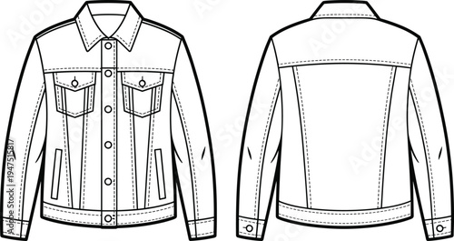 Men denim jacket front and back view technical outline template with pockets, apparel CAD drawing flat vector illustration