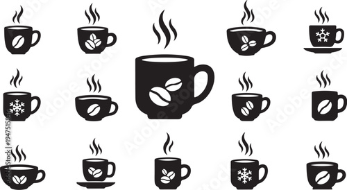 Black and white coffee cup icons with steam rising