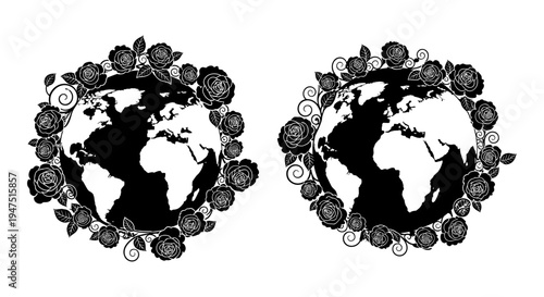 Dual ornate globes with intricate decorative borders showcasing world maps. Vector, illustration