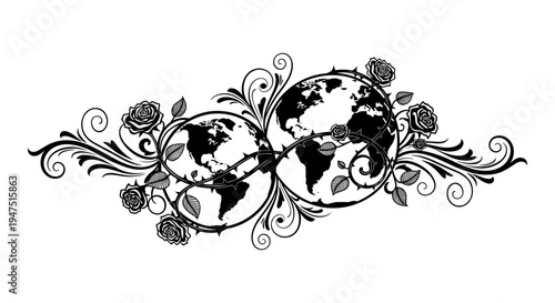 Elegant black and white decorative border with intertwined globe designs Vector, illustration