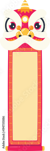 Chinese New Year Vertical Red Banner with Lion Head Ornament