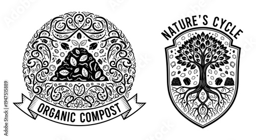 Symbols representing organic composting and nature's cycle processes Vector, illustration