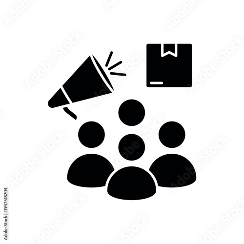 icon consumer buzz with megaphone and group of people, isolated against a clean background.