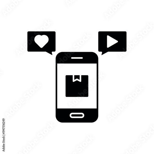 icon social buzz on smartphone with heart like and play symbols, isolated against a clean background.