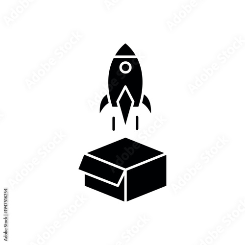 icon a launch hype with a rocket flying out of an open box, isolated against a clean background.