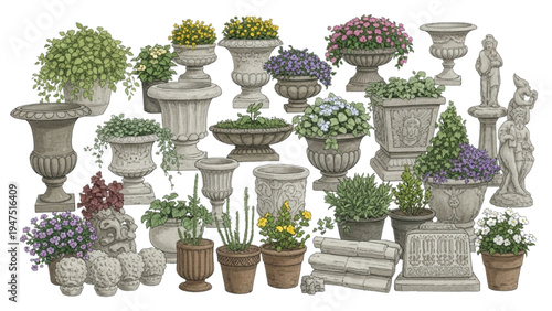 Vintage Garden Planters and Stone Urns Collection – Decorative Flowerpots, Classical Statues and Botanical Plants Illustration Set