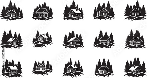 Black and white house silhouettes with pine trees landscape