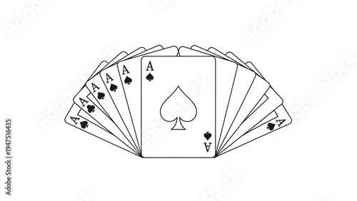 Ace of Spades Playing Cards Fan – Classic Casino Poker Card Hand Black Line Art Illustration