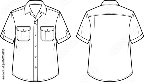Men short sleeve button up utility shirt with chest pockets front and back view technical template, apparel CAD drawing flat vector illustration