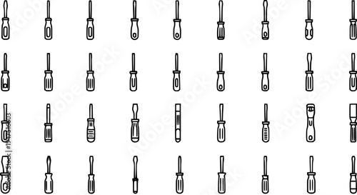 Collection of 49 Outline Screwdriver Icons for Tools, Repair, Workshop, and Construction Concepts