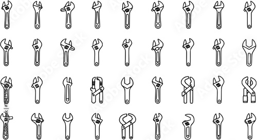 Detailed Line Art Icon Set of Various Adjustable and Standard Wrenches for Repair, Plumbing, and Mechanic Work on White Background