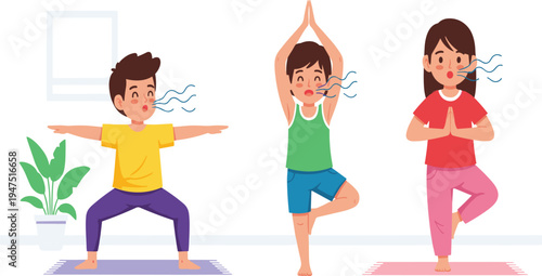 Kids Yoga Poses Illustration Set with Warrior, Tree, and Meditation Poses for Fitness, Health, and Family Wellness